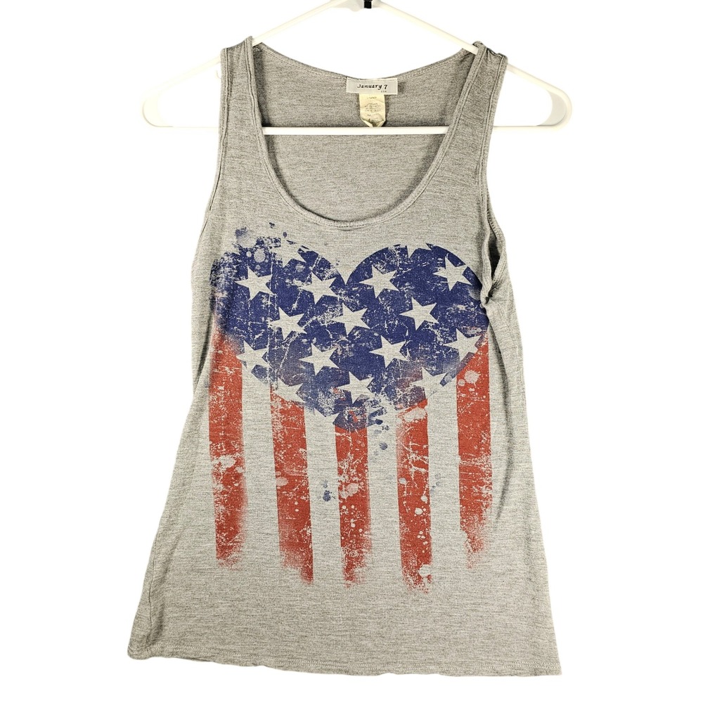 January 7 USA Womens Gray American Flag Heart Tank Top Small VINTAGE Patriotic